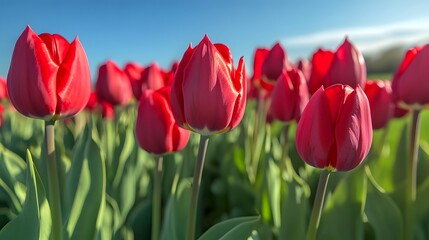 A close-up of vibrant red tulips blooming in a lush green meadow under a bright blue sky 
