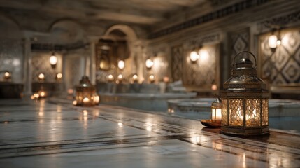 Fototapeta premium Luxurious spa setting with ornate lanterns and tranquil water fe