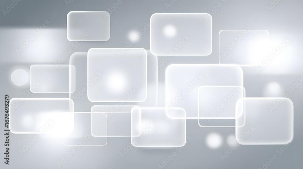 Poster abstract graphic design featuring translucent squares and soft light effects on a muted gray backgro