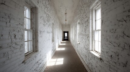Obraz premium A long, sunlit corridor with weathered white walls and old windows, evoking a sense of quiet solitude and decay.