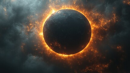 Naklejka premium A dark planet encircled by fiery, stormy clouds
