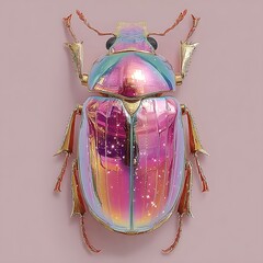 Iridescent beetle with golden accents on pastel pink insect metallic