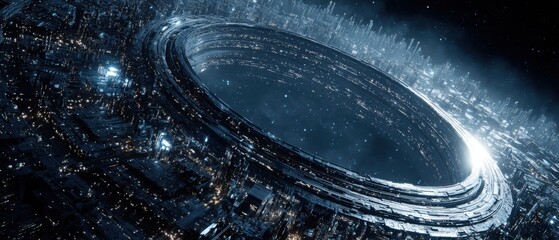 Massive space structure orbits planet, showcasing advanced techn