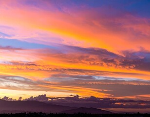 Fototapeta premium Vibrant sunset hues paint the sky with streaks of orange, pink, and purple, above a dark mountain range