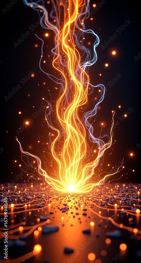 Poster a glowing beam of energy erupts from a surface, with vibrant strands and sparkling particles. hints 