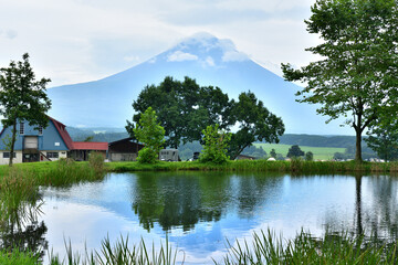池に映る逆さ富士と夏の富士山