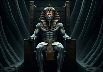 Imposing Pharaoh like Figure with Glowing Red Eyes on an Ornate Stone Throne, Evoking Ancient Egyptian Mythology and Power