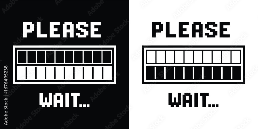 Aufkleber pixelated loading bar with text please wait on black and white backgrounds
