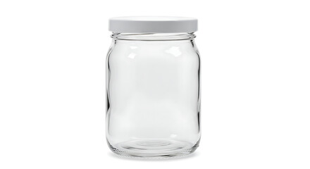 Empty clear glass storage jar with a plain white screw-top lid.