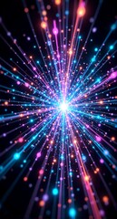 Illuminated lines burst forth from a brilliant central point, showcasing a vibrant display of light particles and a hint of motion against the dark. Hints of colors create a dynamic visual experience.