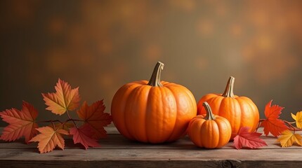 Orange pumpkins and autumn leaves on wood fall