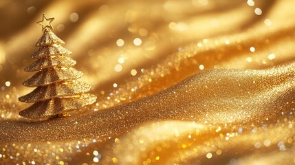 Gold glitter Christmas tree on luxurious fabric.