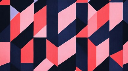 Abstract geometric pattern with pink, red, and dark blue shapes.