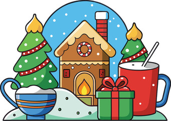 Whimsical Christmas scene with gingerbread house, trees, hot chocolate mugs and gifts in snow holiday  EPS vector file download
