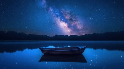 Serene night scene of a rowboat on a calm lake under a mesmerizing Milky Way galaxy.