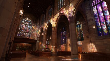 Obraz premium A grand cathedral interior, illuminated by vibrant stained glass windows, showcasing the interplay of light and color.