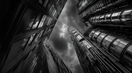 Low-angle black and white shot of skyscrapers and cloudy sky.