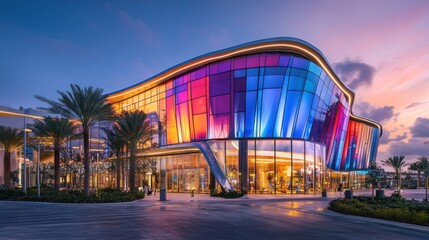 Colorful modern building at dusk.