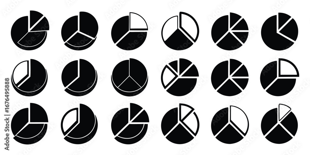 Aufkleber collection of black and white pie chart icons with different segments and shading graph data