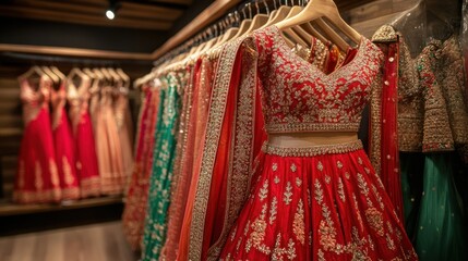 Red and gold embroidered bridal lehenga displayed in a boutique with other colorful Indian wedding outfits.