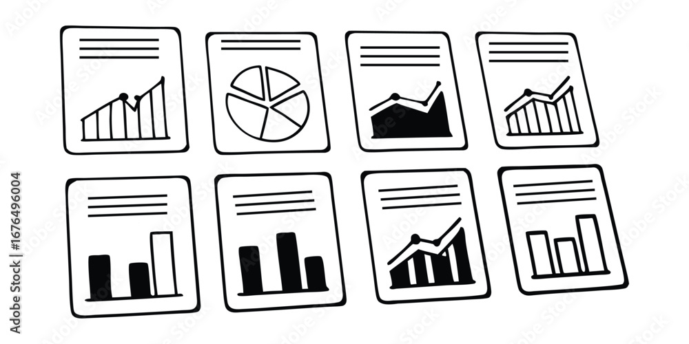 Aufkleber collection of eight hand-drawn charts and graphs on a white background data statistics