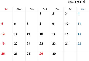 2026年4月カレンダー　eps　横向き