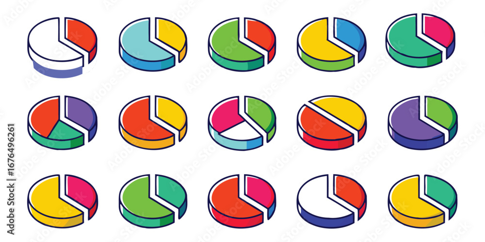 Aufkleber colorful isometric pie chart icons displaying various data segments and proportions graph statistics