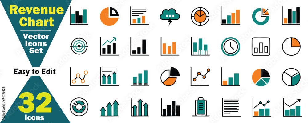 Poster mixed color vector icons set for revenue chart and business concepts illustration