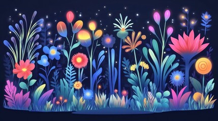 Glowing fantasy flowers and plants at night.