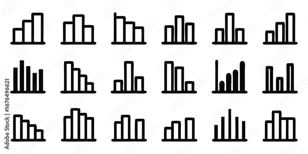 Poster set of black bar chart icons illustrating upward and downward data trends graph statistics