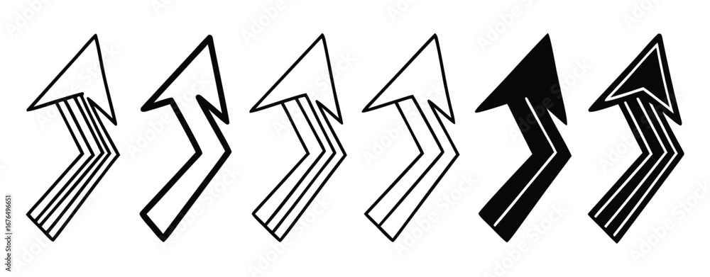 Poster set of six stylized upward pointing arrows with varying line weights and solid fills on white