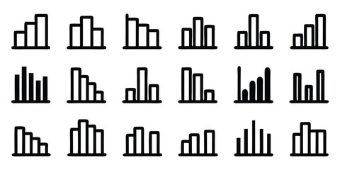 Set of Black Bar Chart Icons Illustrating Upward and Downward Data Trends graph statistics