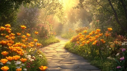 Sunlit stone path winding through a vibrant spring garden filled with colorful flowers and lush greenery.