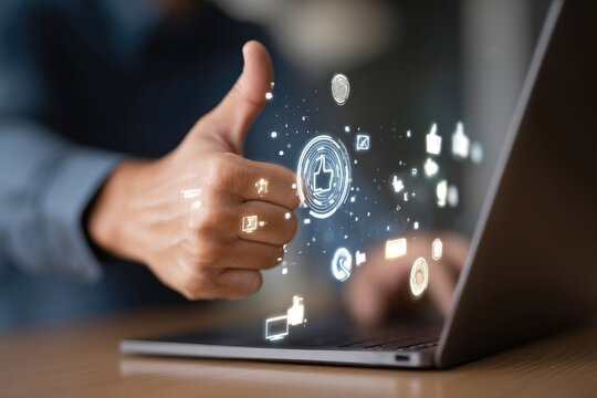 Hand giving thumbs up over laptop screen with social media icons