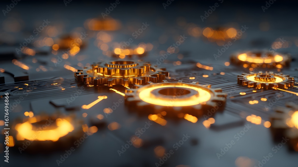 Poster interconnected gears illuminate a complex circuit board, showcasing a technological design and intri