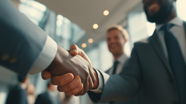 A powerful, cinematic, full HD shot of two business people shaking hands in a well-lit office hallway, with other colleagues smiling and laughing in the background. The focus is on the handshake, symb - Powered by Adobe