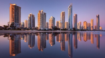 Obraz premium A tranquil beachfront cityscape reflects perfectly in the calm morning waters, showcasing the tall buildings in stunning detail.