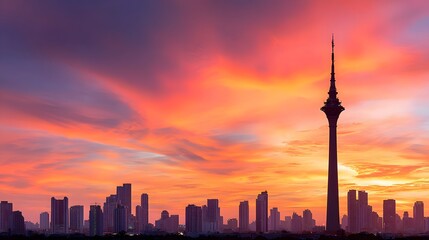 Fototapeta premium A dramatic cityscape silhouette against a vibrant sunset sky, featuring a prominent tower.