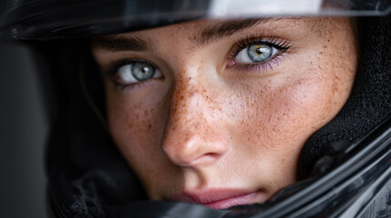 Recreant, Intense portrait of a female racer in a helmet, showcasing determination.