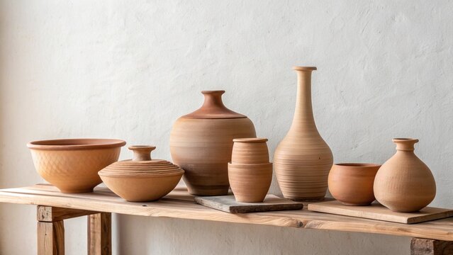 Rustic terracotta pottery collection: handcrafted earthenware bowls, vases, and jars on a wooden shelf against a whitewashed wall.