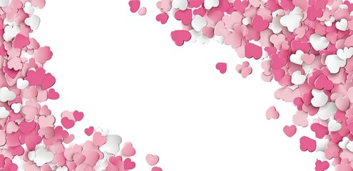 Pink and white heart confetti border on white background