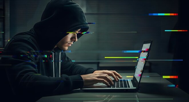 Hacker in the hood working with laptop typing text in dark room. Image with glitch effect