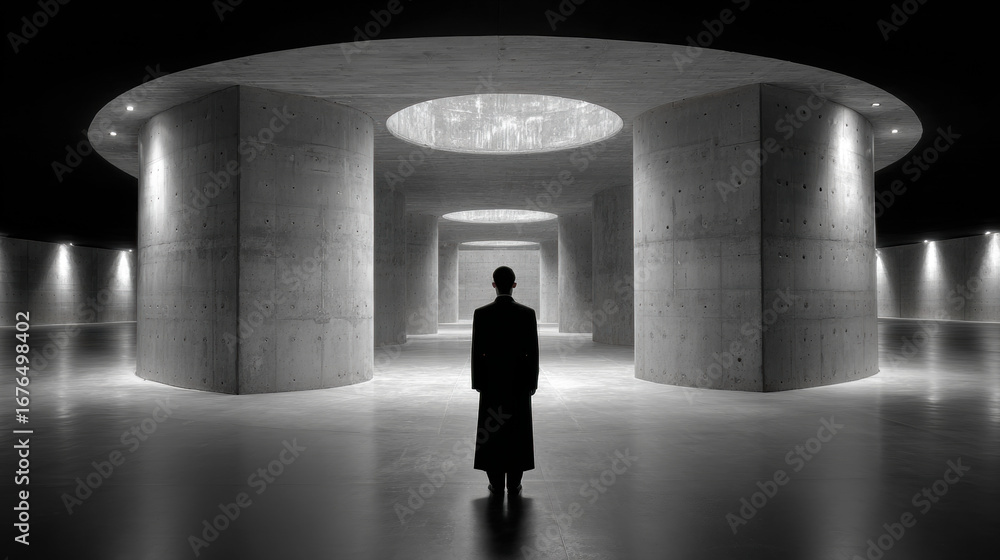 Poster recreant, mysterious figure in a modern architectural space with circular structures.