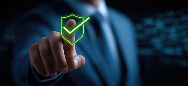 A hand points to a glowing green checkmark inside a shield graphic
