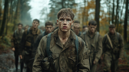 Fototapeta premium Recreant, Soldiers marching through a forest in a gritty, dramatic scene.