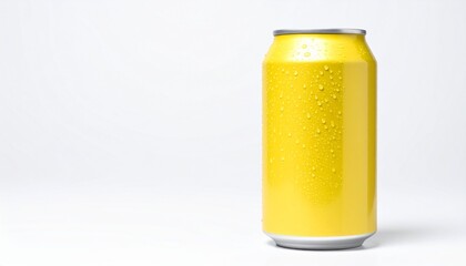 Chilled yellow aluminum beverage can with fresh condensation droplets, an isolated mockup for soda or energy drink branding