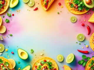 A vibrant 3D pattern showcasing fresh guacamole with avocados, lime wedges, and tortilla chips, perfect for Mexican food branding and festive culinary designs.