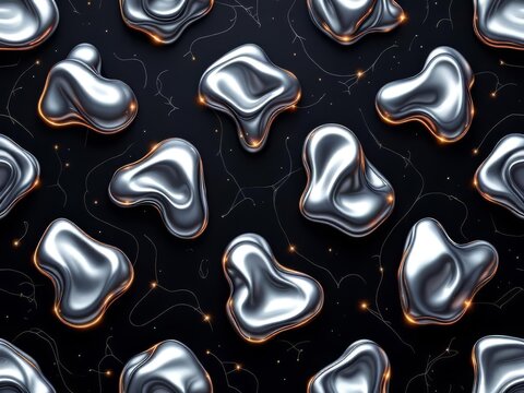 A seamless liquid metal pattern with reflective surfaces and fluid shapes.