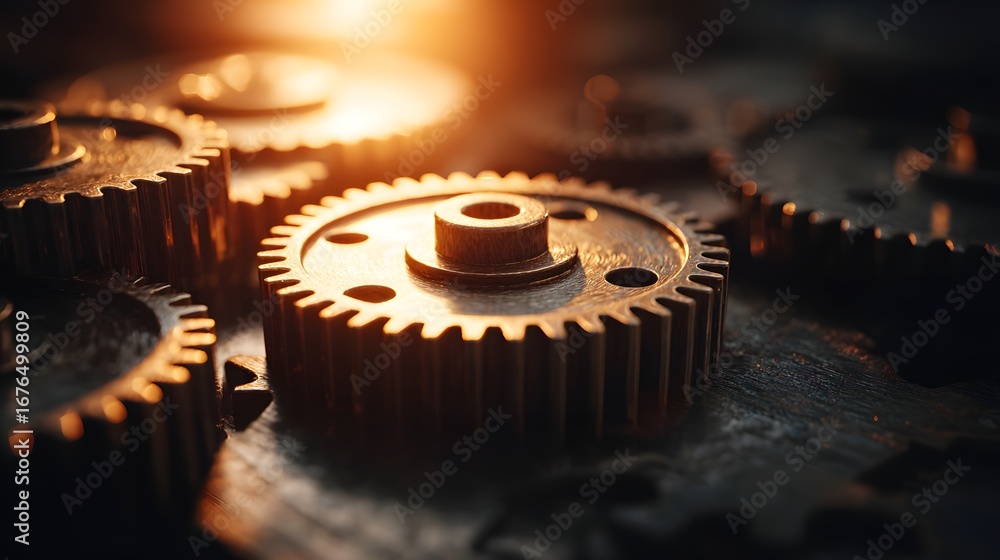 Poster close-up view of intricately designed gears interlocked, bathed in warm, golden light, showcasing de