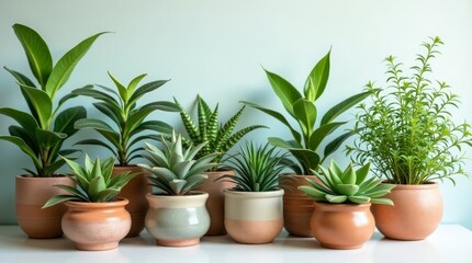 Fototapeta premium Assorted green potted plants succulents houseplants